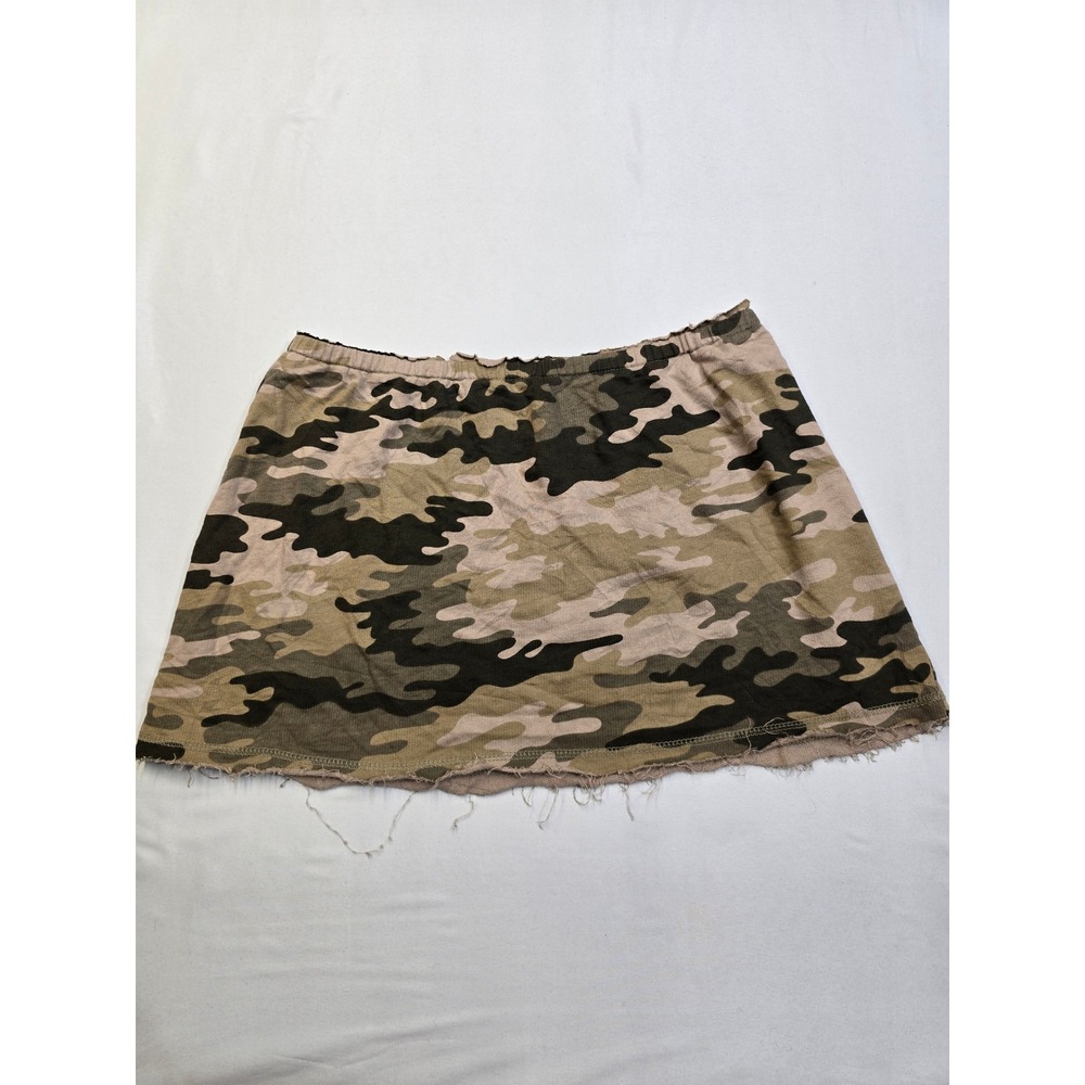 Womens Camouflage Mini Skirt Green Tan Camo Frayed Hem Elastic Waist Y2K Style